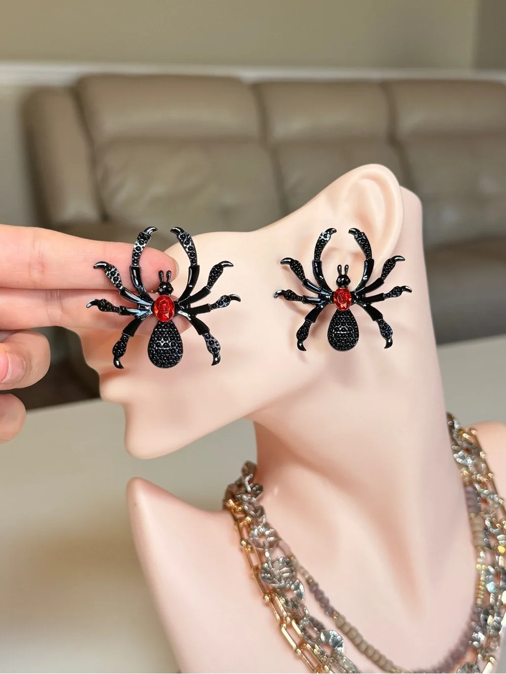 Black Spider Stud Earrings with Red Gem Center